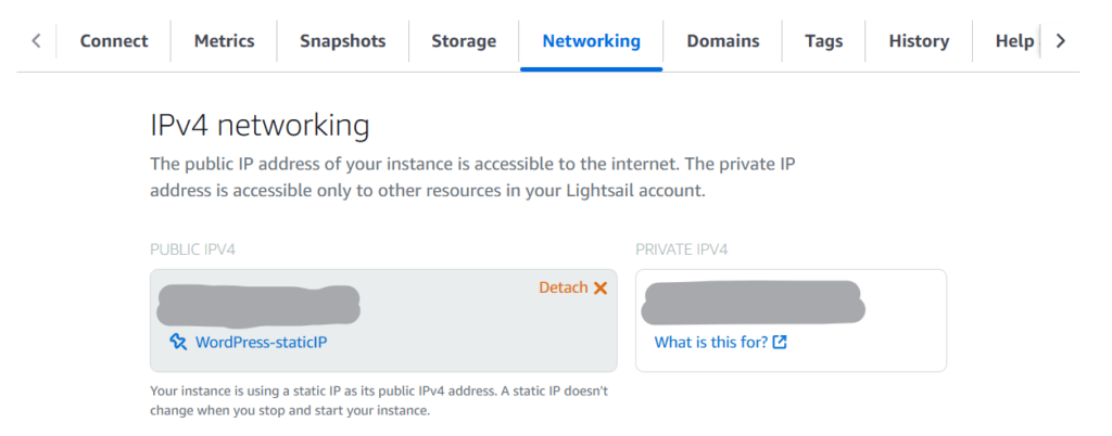 Lightsail 네트워킹 탭에서 고정 IP 생성 및 인스턴스 연결 화면