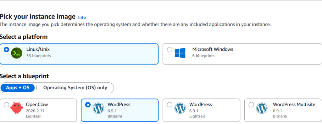 Lightsail 콘솔에서 WordPress(Bitnami) 블루프린트 선택 화면
